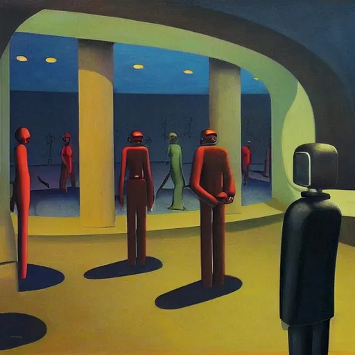 Prompt: human workers being reprogrammed at a mind control center, robot guards, human subjugation, arena, rotunda, brutalist, grant wood, pj crook, edward hopper, oil on canvas