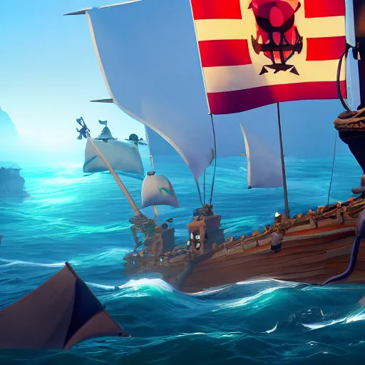 Prompt: sea of thieves scene with a hedgehog on a pirate ship, digital art, epic lighting, game screenshot, danish flag, danish flag on top of ship