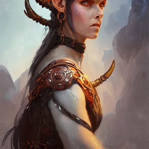 Prompt: portrait of an elven woman with small copper devil horns and copper scales covering her arm and neck, by greg rutkowski, trending on artstation, dungeon and dragons art