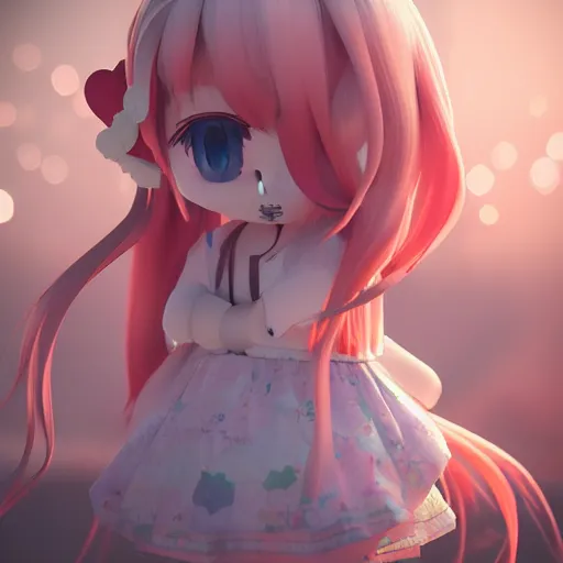 Prompt: cute fumo plush of a girl with a big heart, very long and unkempt hair, stylized pbr, subsurface scattering, blob anime, bokeh, vray