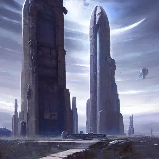 Image similar to pulp fantasy concept art painting of an alien civilisation, sacred monoliths, futuristic, technocracy, shrines, by greg rutkowski and james gurney