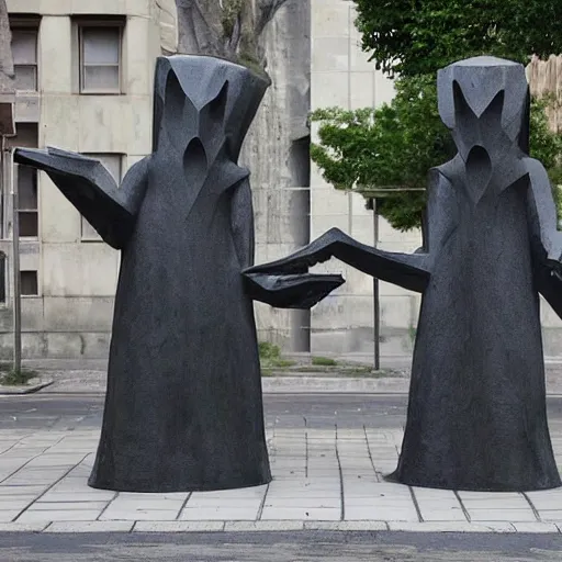 Image similar to distorted by nobuo sekine. in the center of the street art is a large gateway that seems to lead into abyss of darkness. on either side of the gateway are two figures, one a demon - like creature, the other a skeletal figure.