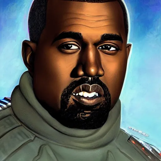 Image similar to Smiling Kanye West as a space soldier, close-up portrait art by Donato Giancola and James Gurney, digital art, trending on artstation