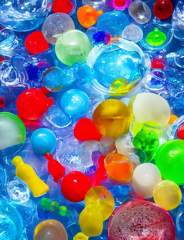 Prompt: a well - lit studio photograph of a clear bowl of water with various plastic toys floating in it, some smooth, some wrinkled, some long, various sizes, textures, and transparencies, beautiful, smooth, detailed, inticate