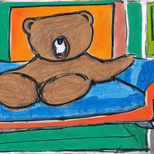 Image similar to an expressionist drawing of a bear laying in a sofa, wearing a shirt, panting because it's so warm. in a living room of the white house.