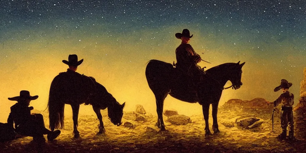 Image similar to in the old west, at a campfire at night, close up portrait of a sleeping bandit ( ( alone ) and a young boy ( ( alone ) ) watches the stars and his horse grazes, in the style of fredrick remington, oil painting, warm color palate, astral