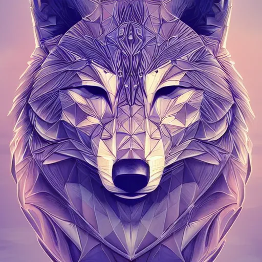 Image similar to Geometric Wolf, moon in the background, intricate, elegant, highly detailed, digital painting, artstation, concept art, smooth, sharp focus, illustration, art by artgerm