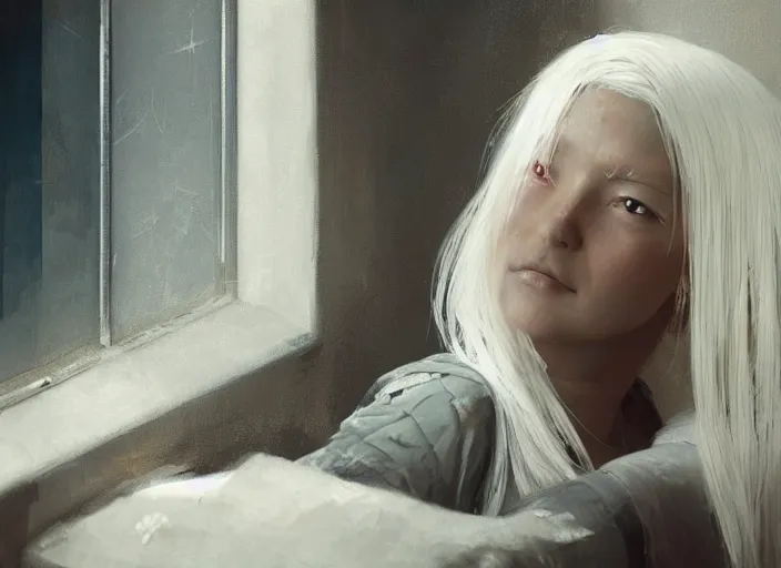 Image similar to digital painting of a beautiful girl warrior with white hair sitting next to a window by yoshitaka amano and greg rutkowski rendered in octane, expressive oil painting