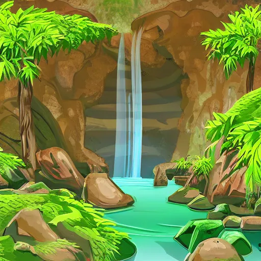 Image similar to ancient ruins,plants and waterfalls in the interior of a cave,digital art