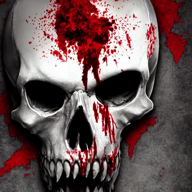 Image similar to skull centered facing the camera, blood pouring out from its mouth, mortal kombat map background