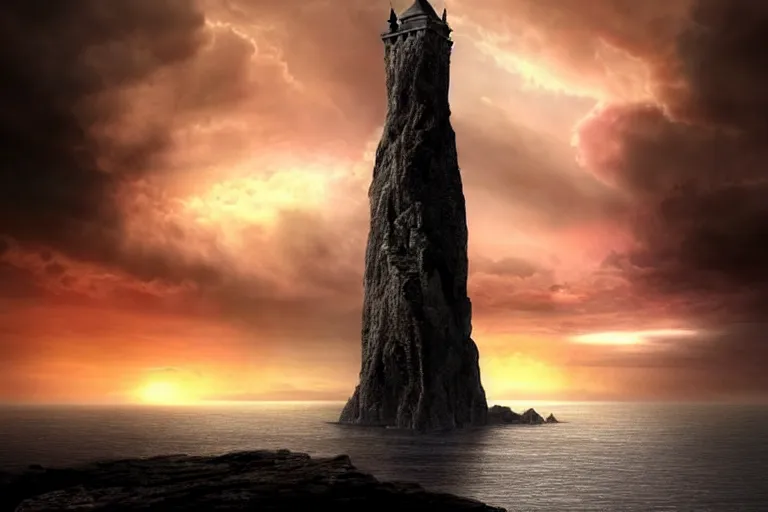 Prompt: a black stone tower on a cliff over the ocean, red sky, cloudy sky, fantasy, intricate, elegant, dramatic lighting, emotionally evoking symbolic metaphor, highly detailed, lifelike, photorealistic, digital painting, artstation, concept art, smooth, sharp focus, illustration, art by John Collier and Albert Aublet and Krenz Cushart and Artem Demura and Alphonse Mucha