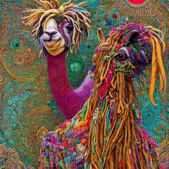Image similar to llama with dreadlocks, colorful, detailed, by ernst haeckel, james jean, el anatsui, mandy jurgens