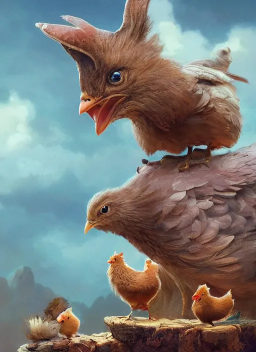 Prompt: a cute hen fostering two chicks in an adventure movie by nuri iyem, james gurney, james jean, greg rutkowski, anato finnstark. pixar. hyper detailed, 5 0 mm, award winning photography