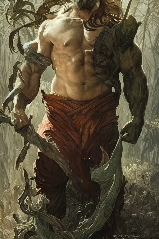 Image similar to portrait of joe manganiello as a hulking herculean demon, forest, godlike, full body, fantasy, intricate, elegant, highly detailed, digital painting, artstation, concept art, sharp focus, illustration, art by artgerm and greg rutkowski and alphonse mucha