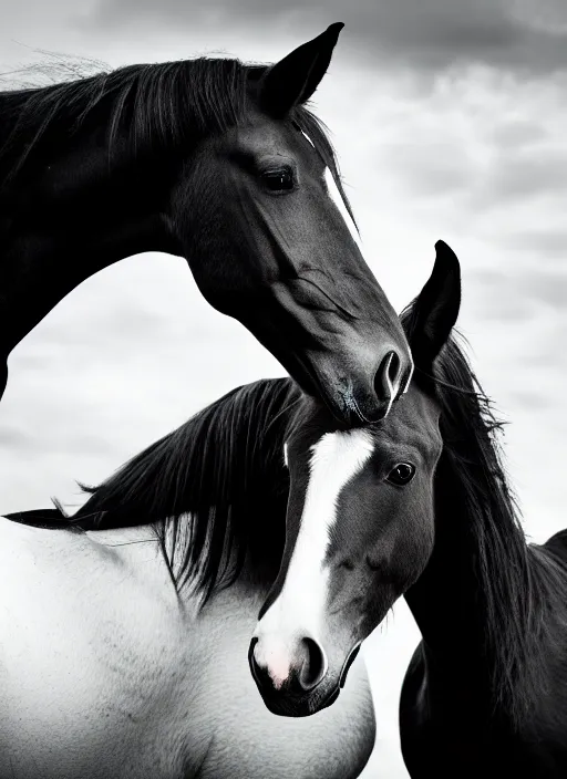 Image similar to two horses black and white portrait white sky in background