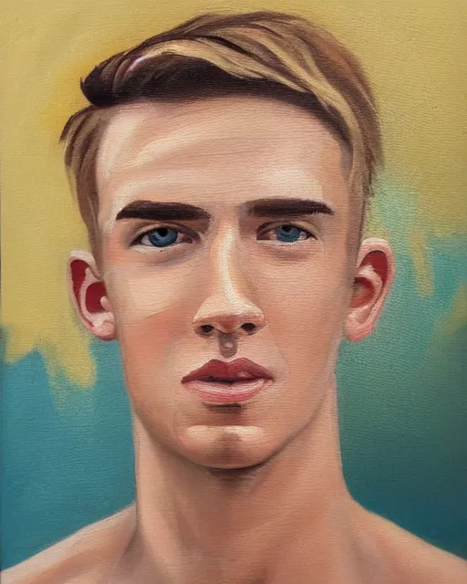 Prompt: little awkward cute blond man who is awkward and is also awkward, masculine features, cute face, thin, strong jawline, very detailed oil painting, oil on canvas