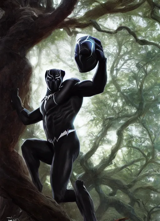 Image similar to Black Panther in a tree looking directly at you, octane render, concept art, smooth, sharp focus, illustration, sigma, rule of thirds, from Marvel Studios, by Ruan Jia and Mandy Jurgens and William-Adolphe Bouguereau, Artgerm