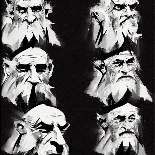 Prompt: faces reference sheet of various old - man by ashley wood and j. m. w. turner, speed painting, matte painting, monochrome