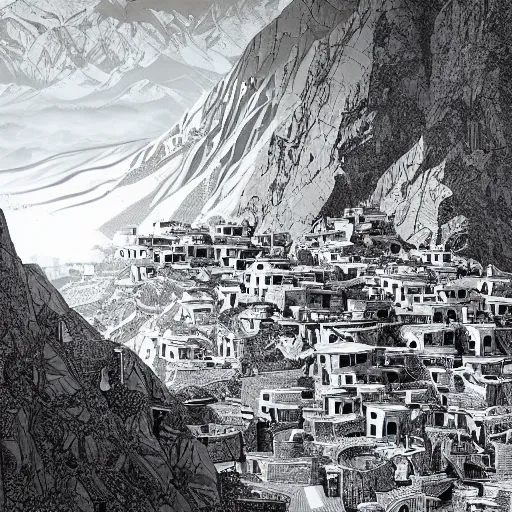 Image similar to kurdish village atop a mountain art by martin ansin, highly detailed, 8 k, high resolution, award winning art, incredibly intricate