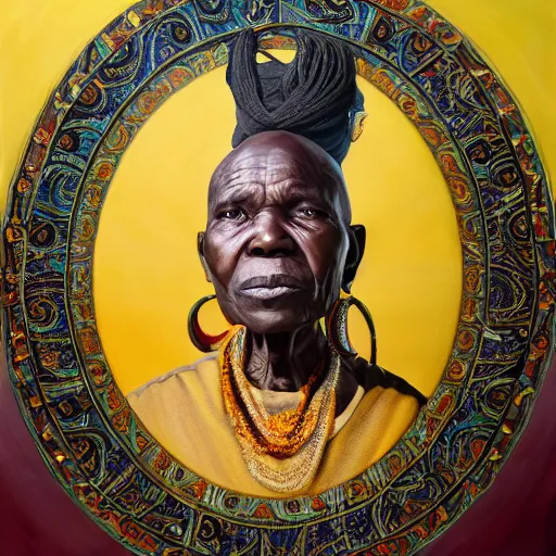 Prompt: a painting of a wise elder from Kenya by Kehinde Wiley . dramatic angle, ethereal lights, details, smooth, sharp focus, illustration, realistic, cinematic, artstation, award winning, rgb , unreal engine, octane render, cinematic light, macro, depth of field, blur, red light and clouds from the back, highly detailed epic cinematic concept art CG render made in Maya, Blender and Photoshop, octane render, excellent composition, dynamic dramatic cinematic lighting, aesthetic, very inspirational, arthouse.