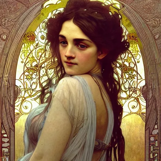 Prompt: detailed portrait art nouveau painting of the goddess of the wind, backlit, who resembles Saoirse Ronan, Kate Moss, and Emma Watson with anxious, piercing eyes, elegant highly detailed digital painting artstation smooth sharp focus illustration, by Alphonse Mucha, Michael Whelan, William Adolphe Bouguereau, John Williams Waterhouse, and Donato Giancola