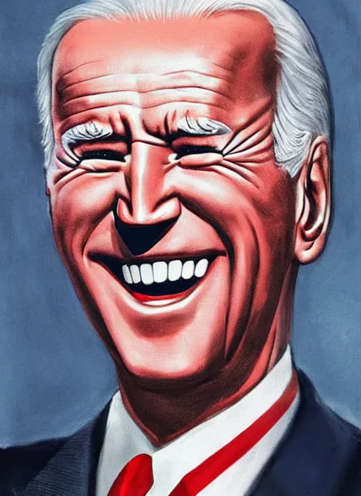 Prompt: creepy joe biden staring directly at you ominously with an eerie comically big scary smile, 1940s scare tactic propaganda art