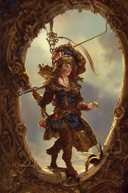 Prompt: digital painting, of a swashbuckling gnome on her clockwork ship , baroque, ornate clothing, realistic, hyperdetailed, chiaroscuro, concept art, art by Franz Hals