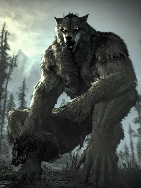 Image similar to cute handsome cuddly burly surly relaxed calm werewolf from van helsing unreal engine hyperreallistic render 8k character concept art masterpiece screenshot from the video game the Elder Scrolls V: Skyrim