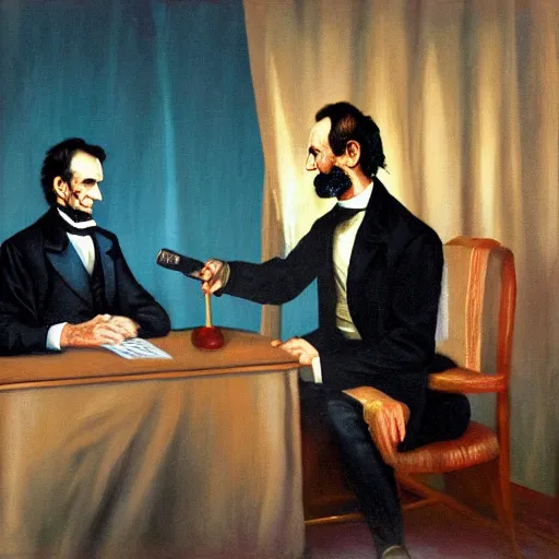 Prompt: vivid oil painting of abraham lincoln being interviewed on a late night talk show