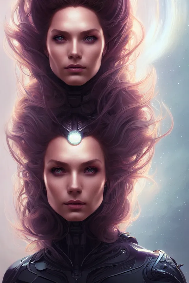 Image similar to futuristic woman portrait, sci-fi, amber eyes, face, long hair, fantasy, intricate, elegant, highly detailed, digital painting, artstation, concept art, smooth, sharp focus, illustration, art by artgerm and greg rutkowski and alphonse mucha