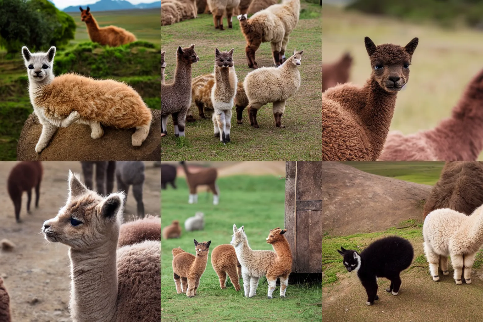 Prompt: photo of baby cats playing the back of an alpaca in peru, scenic shot, 2 8 mm