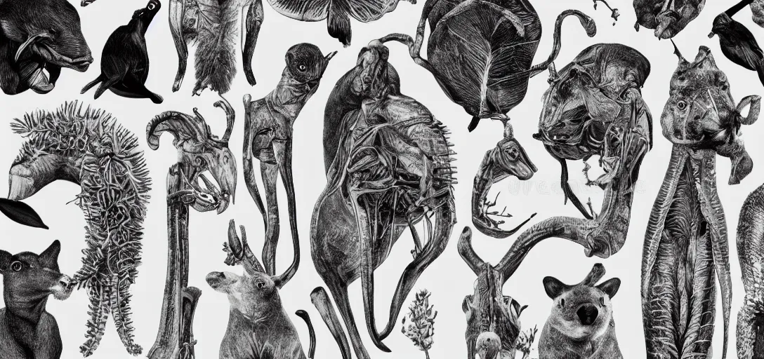 Image similar to animals and plants on a white background, high detail Illustration, Anatomical Drawing, Painting