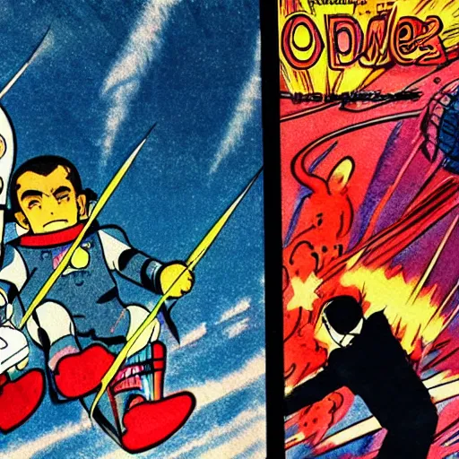 Prompt: a vintage anime 70s comic book watercolor of Obama in space