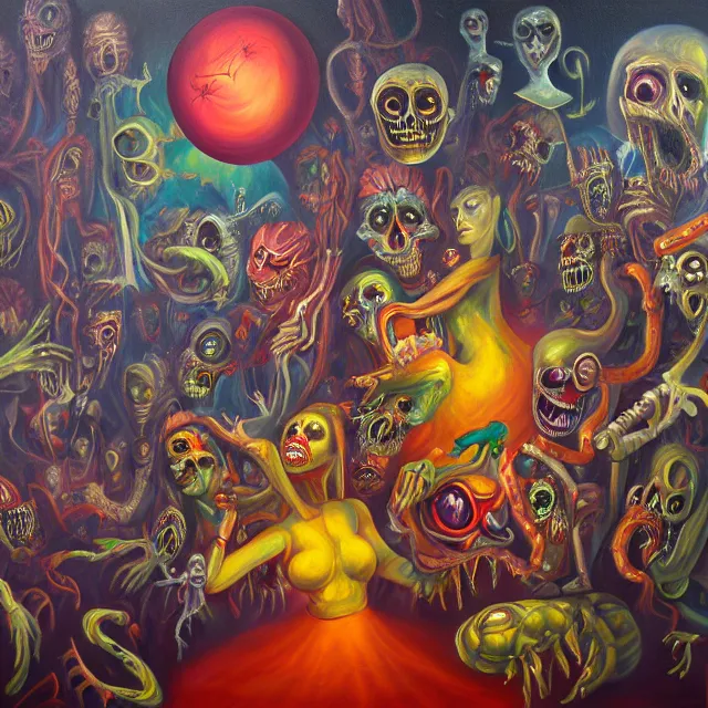 Image similar to an oil on canvas portrait painting of the carnival of nightmares, polycount, surrealism, surrealist, cosmic horror, high detail