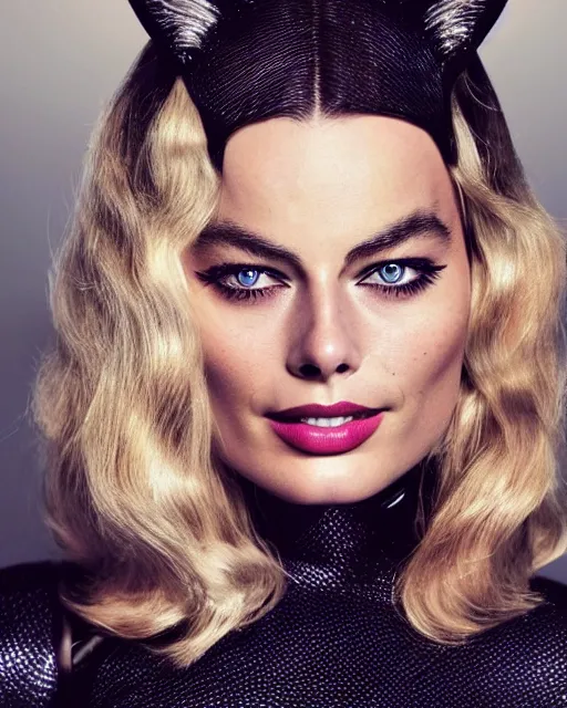 Image similar to portrait of margot robbie with a cat woman costume, full body shot, highly detailed, beautiful eyes, beautiful face, detailed face, cinematic, digital art, sharp