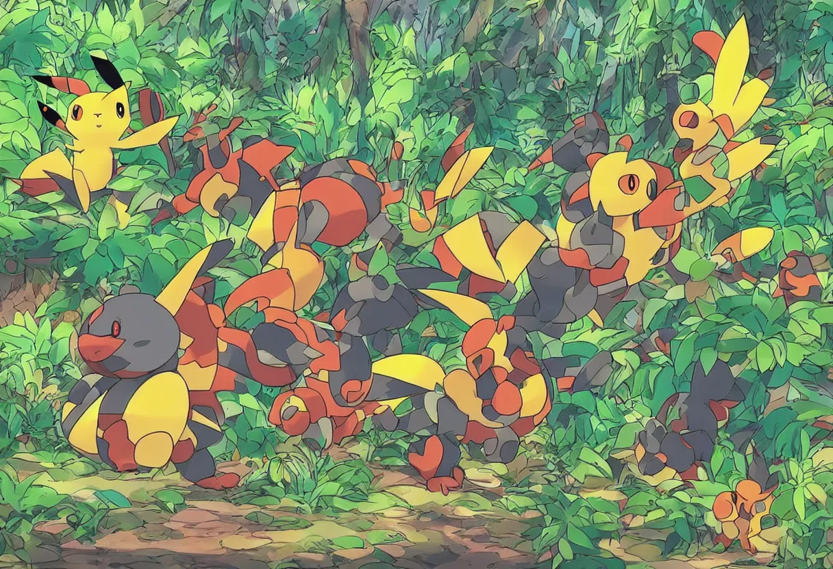 Image similar to colorful pokemon that looks like a military tank, lush jungle scene, post apocalyptic, shot on film, art by studio ghibli