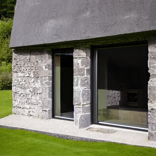 Image similar to scottish dark stone blackhouse designed by le corbusier. fujinon premista 1 9, 4 5 mm