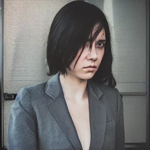 Prompt: hyperdetailed photo of a serious woman with light eyes in a cybercity, smoke behind her, hollow cheek, wearing tight suit, inside berghain, classic, photo 3 5 mm leica, hyperdetail, 8 k, very detailed, fine face