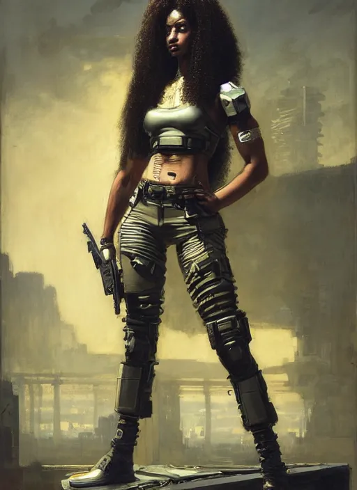 Image similar to buff Juliana. beautiful cyberpunk soldier wearing a military vest and military jumpsuit (cyberpunk 2077). gorgeous african face and afro. Iranian orientalist portrait by john william waterhouse and Edwin Longsden Long and Theodore Ralli and Nasreddine Dinet, oil on canvas. Cinematic, hyper realism, realistic proportions, dramatic lighting, high detail 4k