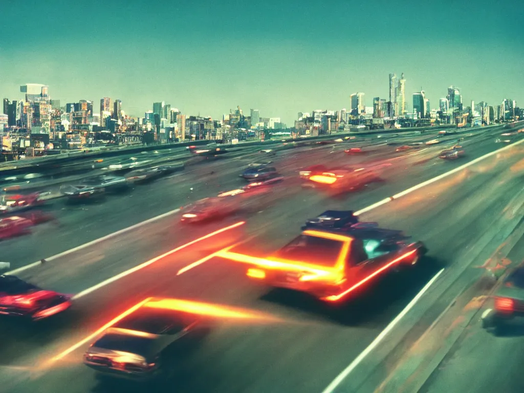 Image similar to 8 0 s neon movie still, high speed car chase on the highway with city in background, medium format color photography, 8 k resolution, movie directed by kar wai wong, hyperrealistic, photorealistic, high definition, highly detailed, tehnicolor, anamorphic lens, award - winning photography, masterpiece