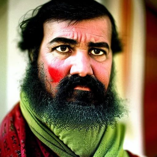 Image similar to portrait of president chester a arthur as afghan man, green eyes and red scarf looking intently, photograph by steve mccurry