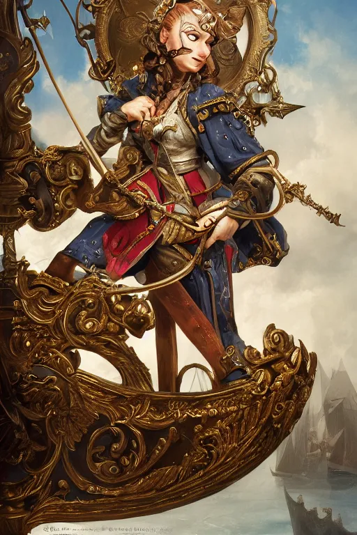 Prompt: digital painting, of a swashbuckling gnome on her clockwork ship , baroque, ornate clothing, realistic, hyperdetailed, chiaroscuro, concept art, art by Franz Hals