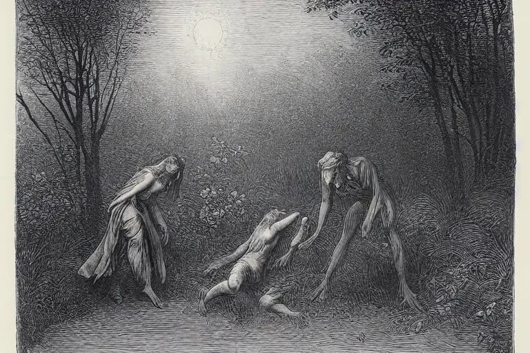 Image similar to werewolf in the garden hunting young french woman, Gustave Dore lithography