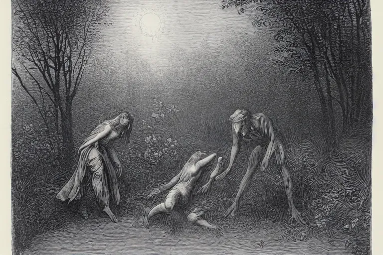 Prompt: werewolf in the garden hunting young french woman, Gustave Dore lithography