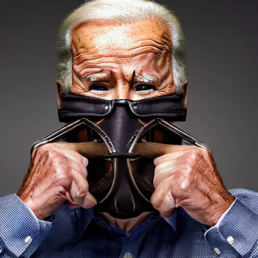 Prompt: uhd candid photo of joe biden wearing a basket muzzle, with accurate face, real muzzle, uhd, studio lighting, correct face, photo by annie leibovitz