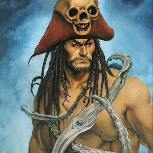 Image similar to a Lovecraftian pirate captain, detailed masterpiece realistic painting by Michelangelo, Moebius, Frank Frazetta, Hayao Miyazaki, Capcom, SNK, Studio Ghibli, Studio Trigger