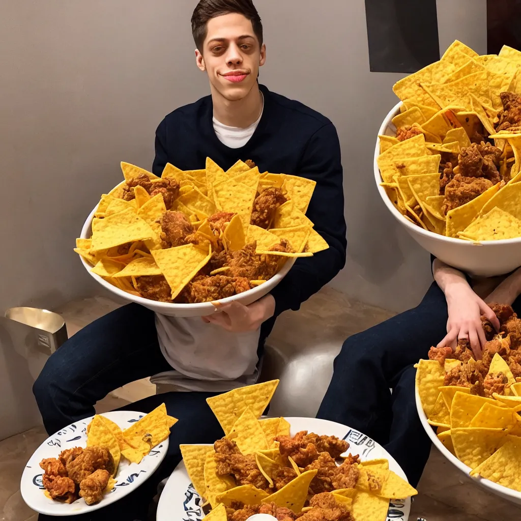 Prompt: pete davidson sitting in a bowl of nice fried chicken and nachos