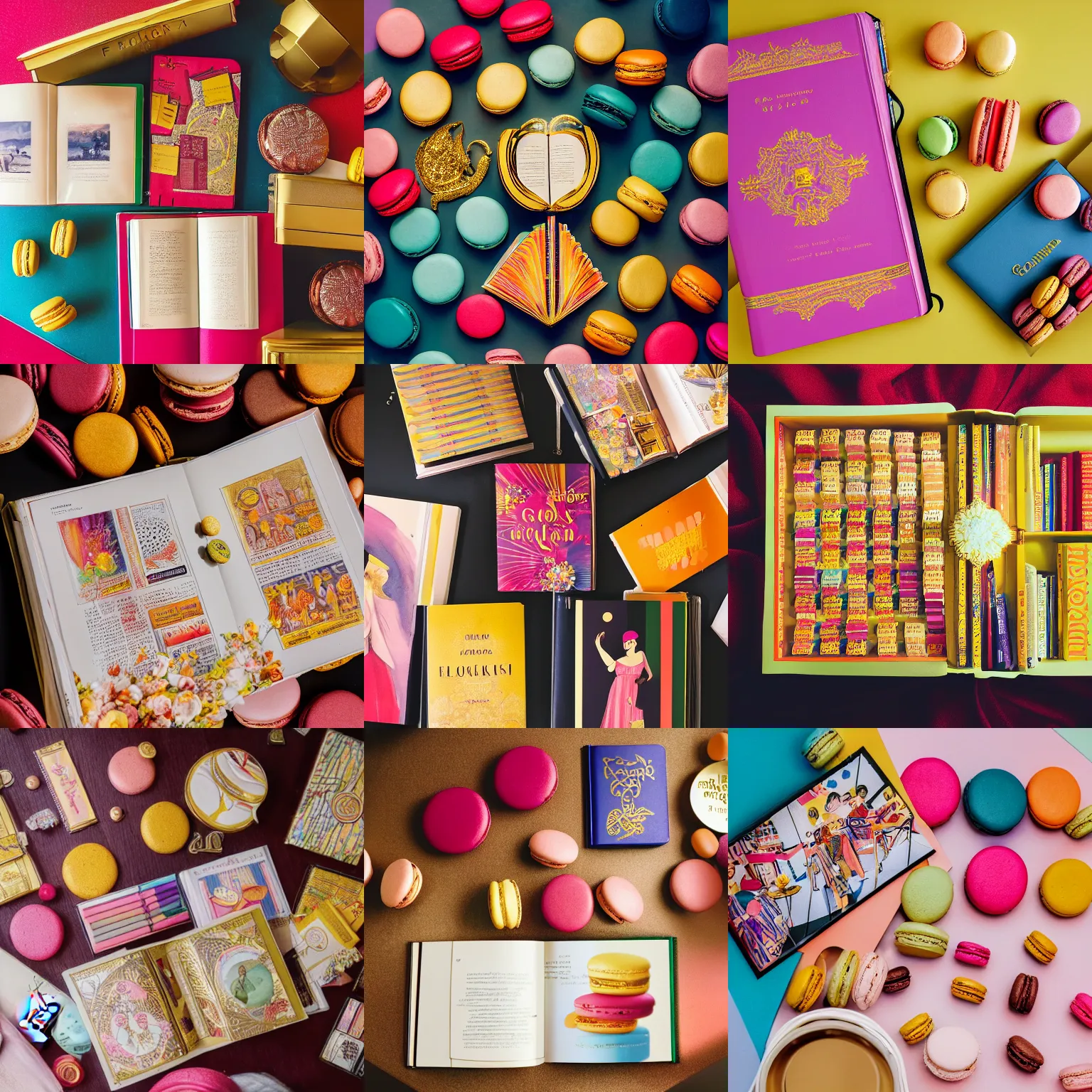 Prompt: flatlay golden book collection, vivid colors, dramatic lighting, french macarons