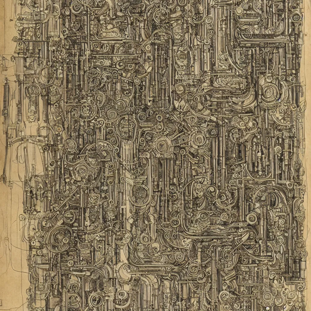 Image similar to close - up on detailed, intricate technical drawings from 1 8 4 0 with extensive written labels and covered in scribbled pencil notes, for a mechanical display attachment to babbage's difference engine, showing a screen playing tetris, beautiful, symmetric, art nouveau