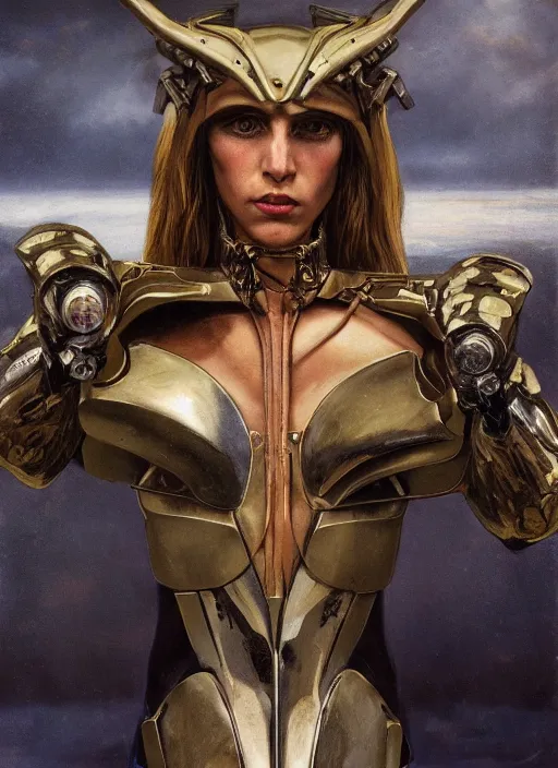 Prompt: symmetry! closeup portrait of a biblical diabolical hunter model girl, fashon cyborg armor, in clouds, strong studio lights, thunder, rain! storm, sunset, by gerald brom, by mikhail vrubel, by peter elson, high contrast, muted colors, extreme detail, mirrors, trending on artstation, 8 k